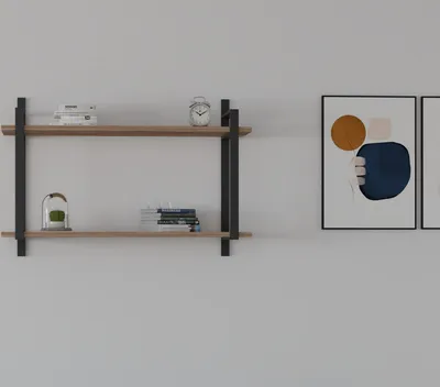 A wall-mounted shelf with books, a clock, and a small plant under a glass dome. Two abstract art pieces are hanging on the wall to the right.