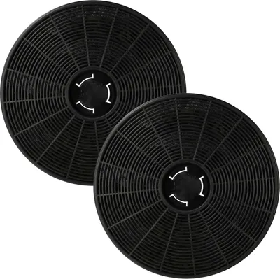 Two black circular charcoal filters for a range hood.