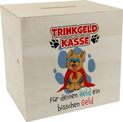 Produktbild von Spardose aus Holz für Trinkgeld mit Hund und Spruch: Für deinen Held ein