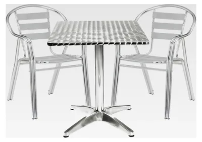 Produktbild von 3-teiliges Bistroset aus Aluminium in Silber, 1 eckiger Tisch und 2 stapelbare Stühle, wetterfest für Garten, Balkon und Terrasse - pflegeleichter Tisch mit Standfüßen