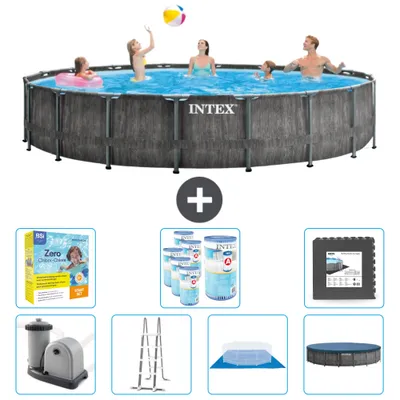 Produktbild von Intex Round Prism Frame Greywood-Schwimmbecken – 549 x 122 cm – inklusive Pumpe – Leiter – Bodenplane – Abdeckung Wartungspaket - Filter - Bodenfliesen