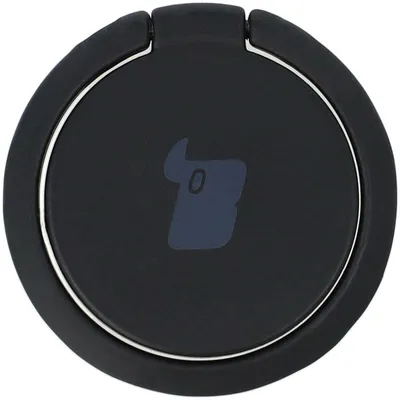 A black ring holder with a blue logo.