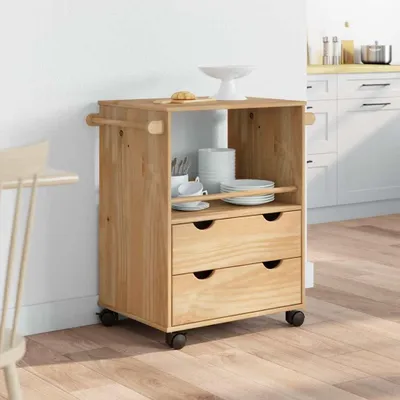 Image de Chariot de cuisine - Chariot de service - Chariot de rangement - Chariot mobile - Bois massif (pin) - 59 x 45 x 80 cm