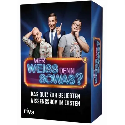 The image shows the packaging of a board game based on the German TV show 'Wer weiß denn sowas?'. Three men are featured on the front of the box, along with the show's logo and title.