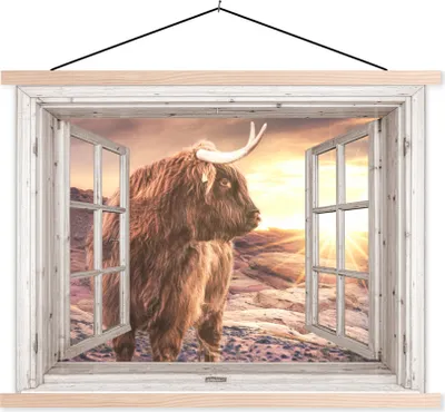 Produktbild von MuchoWow® Textilposter Schottische Hochlandrind - Landschaft - Ansicht 150x113 cm mit holzfarbenen Rahmen - Poster