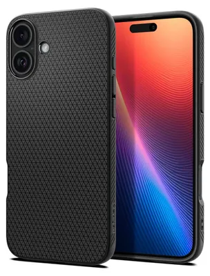 A black phone case is shown next to a smartphone with a colorful screen.