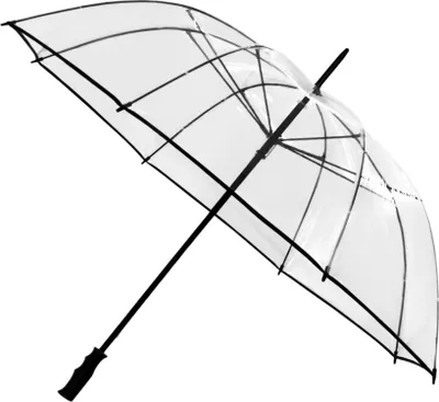 A transparent umbrella with a black handle and frame, shown against a white background.