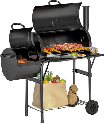 Produktbild von Outsunny Holzkohlegrill aus Stahl BBQ Smoker mit Deckel Thermometer Räder Ablage fahrbar Grillwagen mit Luftzufuhr Kohlewanne, Garten 109x60x120 cm