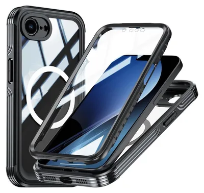 A disassembled phone case with a phone inside, showing its protective layers and magnetic ring.