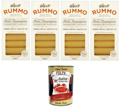 Produktbild von Rummo Cannelloni All'uovo Eier-Cannelloni N°176 langsame Verarbeitungsmethode, außergewöhnliche Kochbeständigkeit 4x250gr + Italian Gourmet polpa 400g
