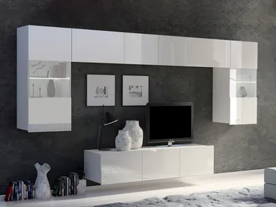 Produktbild von Wohnwand CALABRINI-2 Wohnzimmer-Set Hängewohnwand Schrankwand mit LED-Beleuchtung TV-Schrank Vitrine Moderne Anbauwand Hochglanz (Weiß)