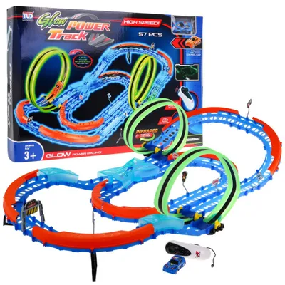 Produktbild von Fluoreszierende Rennbahn für Kinder ab 3 Jahren, LED-Auto + 360 Loopings + 57-teiliges Set zum Zusammenbauen.