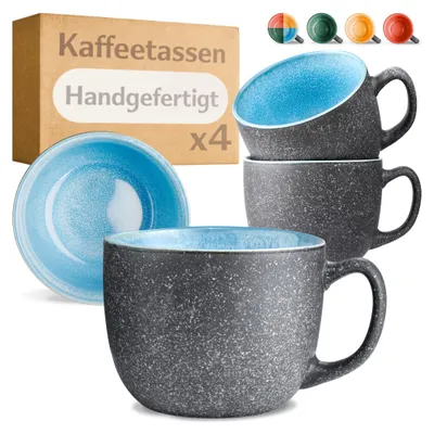 Produktbild von Cosumy Kaffeetassen 4er Set aus Keramik - 350ml – 𝗗𝗶𝗰𝗸𝘄𝗮𝗻𝗱𝗶𝗴𝗲𝘀 Steingut, Tassen mit Handgefertigter Reaktiver Glasur - Hält Lange Warm (Blau)