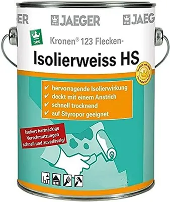 A white metal can of Jaeger Kronen Flecken-Isolierweiss HS paint.
