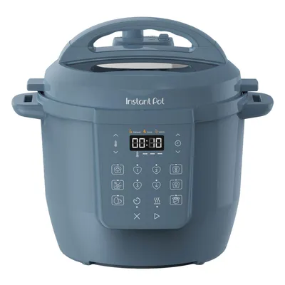 A blue Instant Pot multi-cooker is shown from the front on a white background.