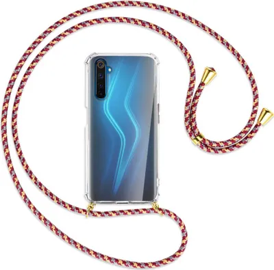 Produktbild von Handykette Backcover-Schutzhülle mit Band (Metall goldfarben) für Realme 6 Pro - weinrot/gelb/grau