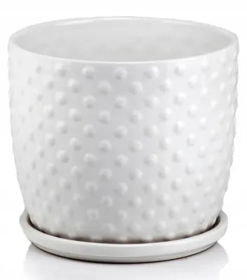 Immagine prodotto di Vaso da fiori in Vetroceramica bianco goffrato, rotondo, 13 cm, con piedistallo e foro di drenaggio, sottopiatto