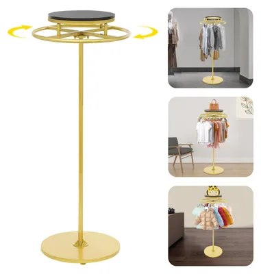 Zdjęcie produktu dla Wieszak na ubrania – stojący – obrotowy o 360 stopni – wysokość 140 cm – regulowane nóżki – metal i drewno – czarny/złoty