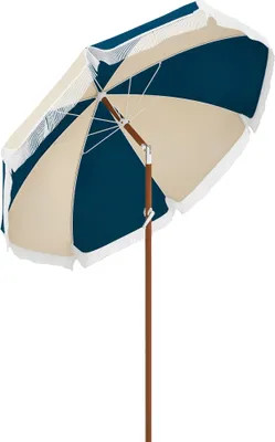 Image de Outsunny Parasol droit parasol inclinable parasol de jardin rond ? 225 cm avec franges polyester haute densitšŠ anti-UV m?t dšŠmontable 8 baleines - style vintage - bleu et beige