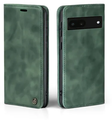 A green flip case for a Google Pixel 6a phone, shown from two angles.