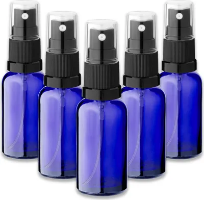 Produktbild von 5x Blaue Glasflasche 30 ml mit schwarzem Zerstäuber Sprükopf Pumpspray