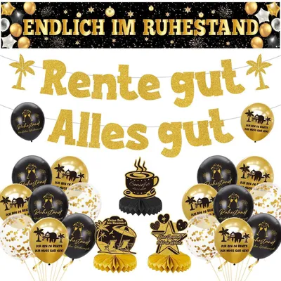 Productafbeelding van Pensioen, decoratieset, banner, ballonnen, guirlande, tafeldecoratie, zwart, goud