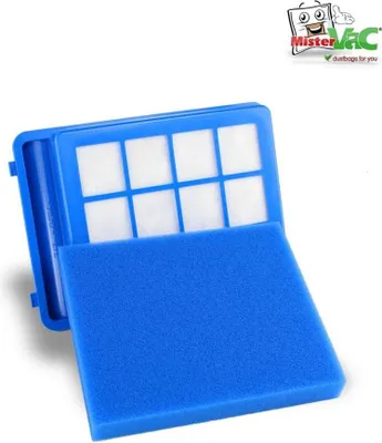 A blue vacuum cleaner filter with white filter material inside, presented on a white background.