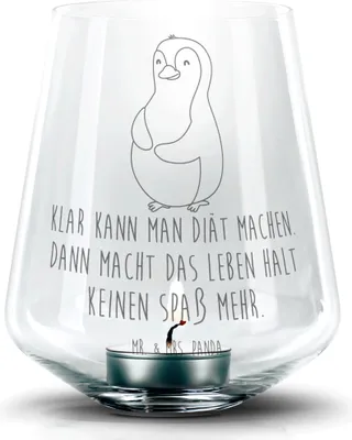 Produktbild von Mr. & Mrs. Panda Gravur Windlicht Pinguin Diät - Transparent - Geschenk, Kerzenhalter, Abnehmen, glas, Gewicht, Teelichthalter, Laterne, Selbstliebe, Teelicht