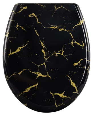 Image de COUVERCLE DE TOILETTE WOLTU, avec système de descente lente, siège de toilette noir avec paillettes dorées, fabriqué en duroplast, couvercle de toilette, forme ovale, installation par le dessous, capacité de charge de 175 kg