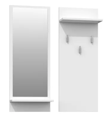 A white mirror and a white coat rack with a shelf and hooks are displayed side-by-side against a white background.