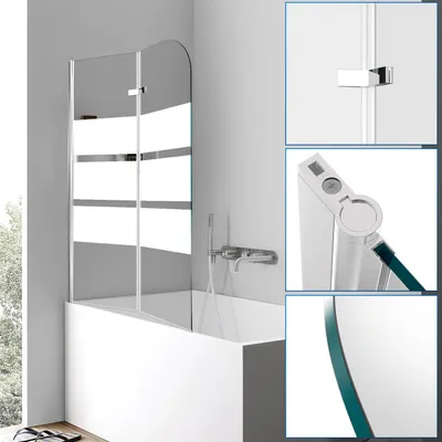Obrázok produktu pre Pevná sprchová stena pre vaňu, 100 x 140 cm, 2-dielna, skladacia stena pre vaňu, sprchová vanička z bezpečnostného skla hrúbky 6 mm, otočná o 180°, biele pruhy