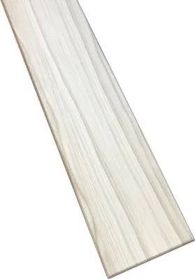 A single wooden plank with a light wood grain pattern, presented diagonally against a white background.