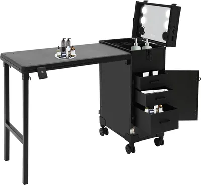 Produktbild von Rollbarer Schminkkoffer - Klappbarer Make-up Tisch Kosmetikkoffer - LED-Spiegel mit Touch, 3 Schubladen, Lautsprecher, 4 Rollen mit Bremse, 50 kg Traglast - Schwarz