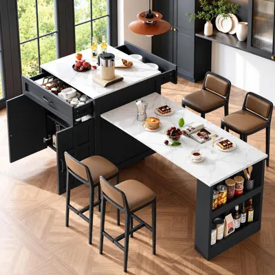 Zdjęcie produktu dla Rozkładany stolik barowy z miejscem do przechowywania, wymiary 133-202 x 70 x 93,5 cm, imitacja marmuru, kolor czarno-biały