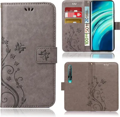 A collage of images showing a grey flip phone case with a floral and butterfly design, featuring card slots and a stand function. One image shows the case open with a phone inside, displaying a colorful screen. Another image shows the back of the case with