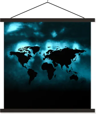 Produktbild von MuchoWow® Textilposter Weltkarte - Schwarz - Blau 90x90 cm mit schwarzem Rahmen - Magnetisches