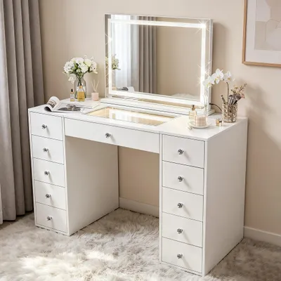 Image de VANITII Coiffeuse avec Miroir LED Bluetooth 11 Tiroirs Blanc 130 x 55 x 81 cm