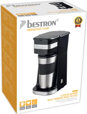 Immagine prodotto di Caffettiera Bestron con tazza isolata, per caffè macinato con filtro, 2 tazze grandi, 750 watt, acciaio inox, nero
