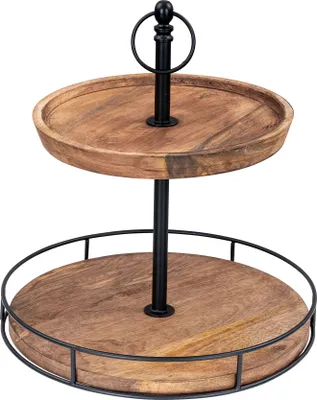 Produktbild von Etagere Holz 2 Etagen H38cm Akazienholz Schwarz Natur Servierplatte Kuchenständer Deko Tischdeko Wohndekoration