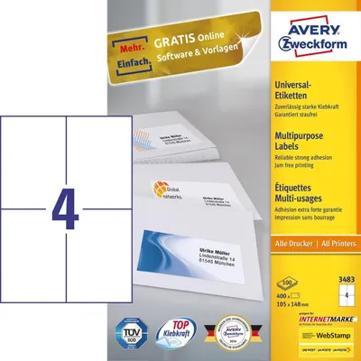 Image de Avery - Mehrzwecketiketten - weiß - 105 x 148 mm 400 Etikett(en) (100 Bogen x 4) (3483)