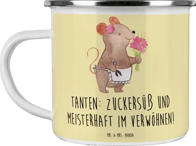 Produktbild von Mr. & Mrs. Panda Emaille Tasse Tante Zuckersüß - Gelb Pastell - Geschenk, Verwandtschaft, Teetasse, Weihnachten, Freude, Neffe, Pott, Familie, Haferl, becher, Nichte