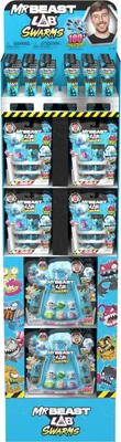 A display stand filled with Mr. Beast Lab Swarms toy packaging.