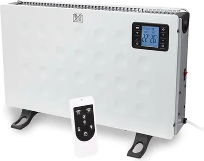 A white electric convector heater with a digital display and a remote control.