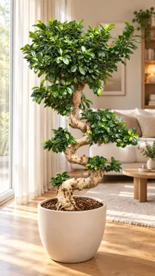 Zdjęcie produktu dla Ficus Ginseng S-kształtny – Ficus microcarpa, chiński figowiec, wiecznie zielona roślina pokojowa do salonu i biura – wysokość ok. 120 cm, włącznie z doniczką