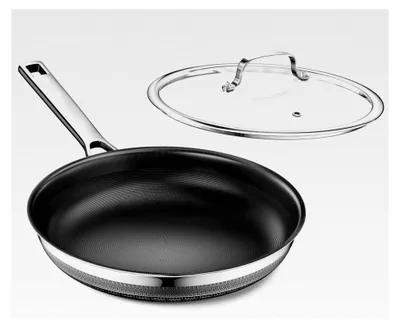 Produktbild von Titan Keramik Bratpfanne 24 cm, Induktionspfanne mit Deckel, Edelstahlpfanne mit Antihaftbeschichtung, backofenfest, PFOA-frei, für alle Herdarten, Schwarz