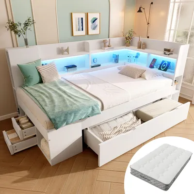 Obrázek produktu pro MODFU Rozkládací pohovka 90x200 Funkční postel s USB/Typ-C nabíjecí stanicí,Jednolůžko s LED osvětlením a úložným prostorem,Rám postele se zásuvkami,s matrací,Bílá