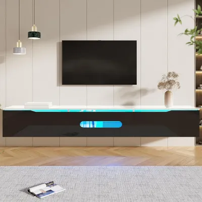 Obrázok produktu pre TV skrinka biela, 180 cm, s LED osvetlením, nízka komoda na zavesenie s 3 dvierkami, biela a čierna