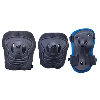 Three pieces of protective gear for inline skating are laid out on a white background.