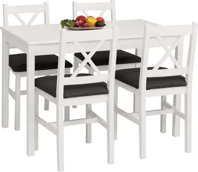 Produktbild von Esszimmer-Set MCW-F77, Sitzgruppe Esszimmergruppe, Massiv-Holz Kiefer Stoff Landhaus 110cm  weiß Polster schwarz