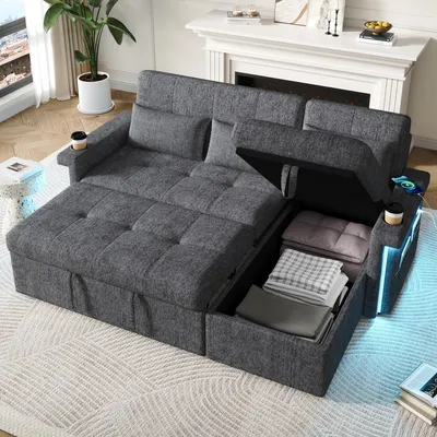 Produktbild von Abrihome Ecksofa mit Schlaffunktion L-Form, Sofa mit Bettkasten, LED-Beleuchtung und USB, Wohnzimmersofa - Grau